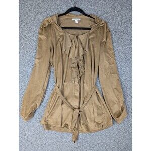 Boston Proper Womens Top Ruffle Front Belted Size Large Brown Velvety Texture
